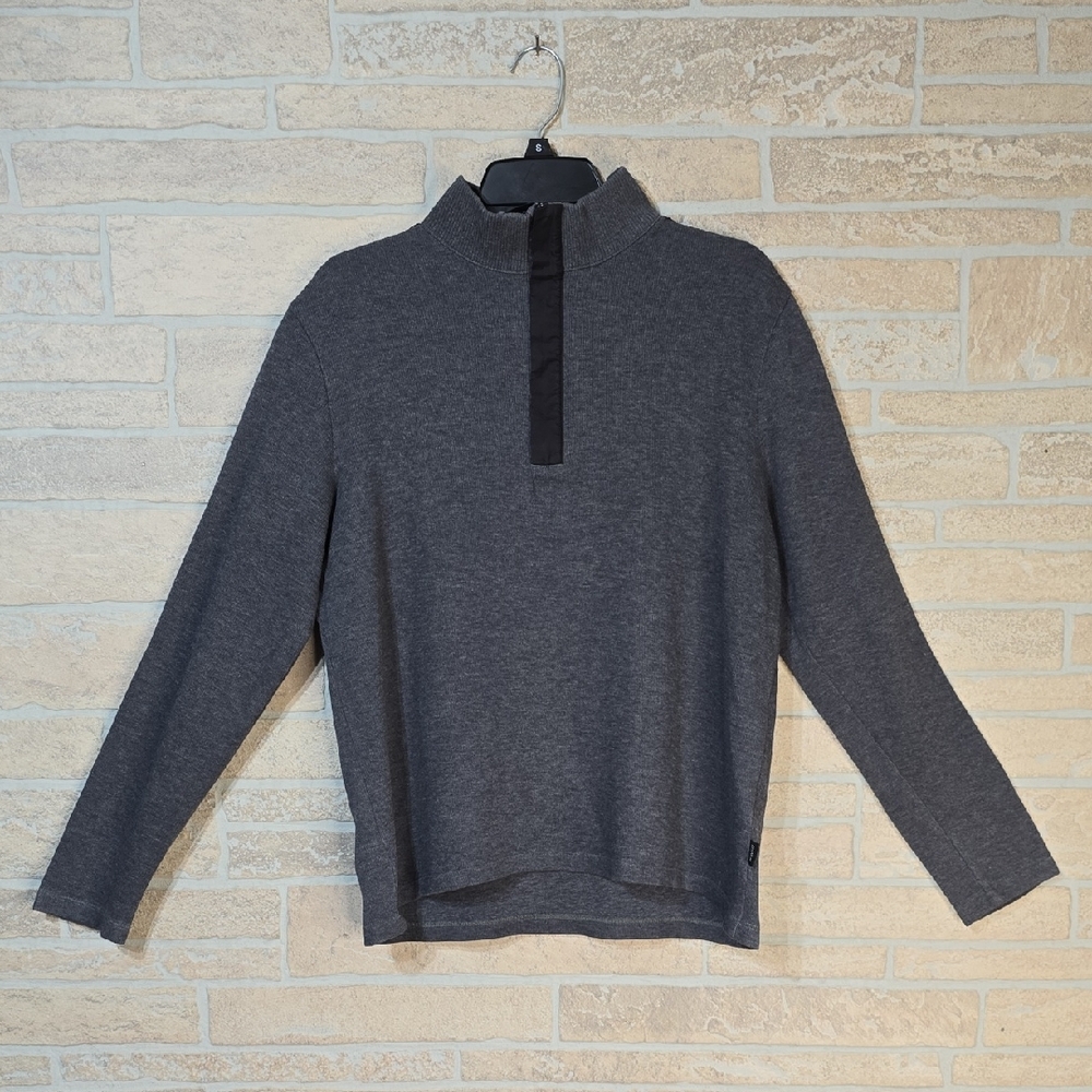 Hugo Boss Regular Fit Quarter-Zip Pullover Gray Cotton Knit Nylon Panels Mens M
